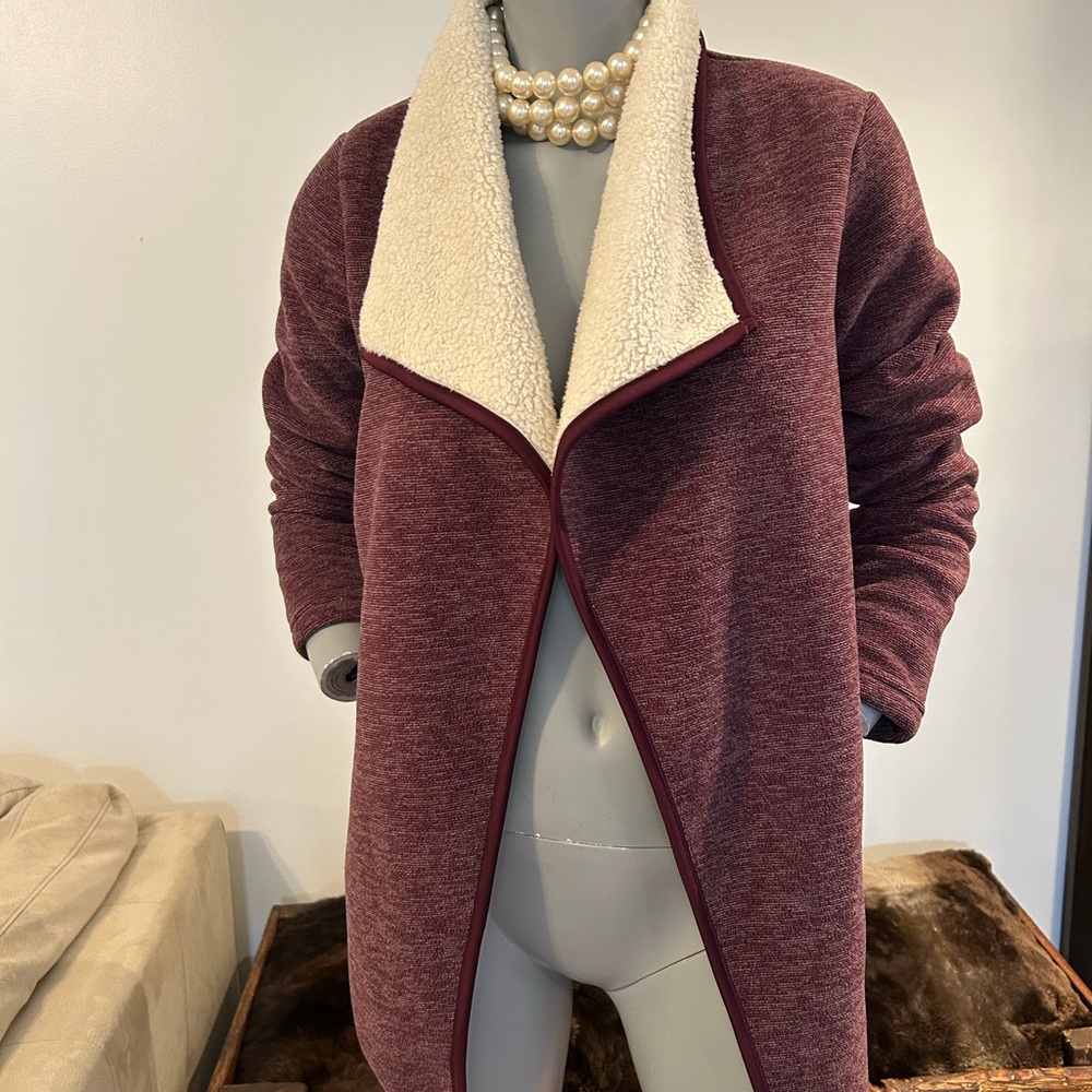 Original Teddy Jacket in Burgundy and Cream with Waterfall Collar